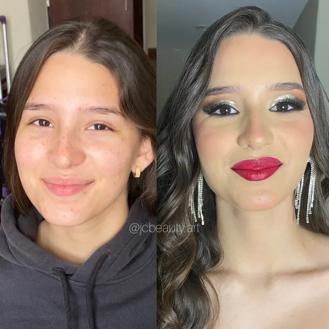 Antes y después: look de fiesta con labios rojos y ojos brillantes